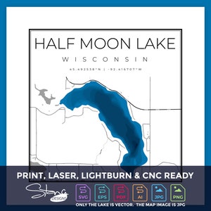 Half Moon Lake WI Topografische Kaart | Print Ready Wanddecoratie | Meerdere lagen | svg pdf ai eps png jpg g-code