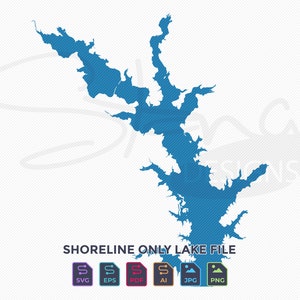 May include: A blue shoreline lake file graphic with the text "SHORELINE ONLY LAKE FILE". Includes SVG, EPS, PDF, AI, JPG, and PNG file type icons. The lake graphic is a detailed outline.
