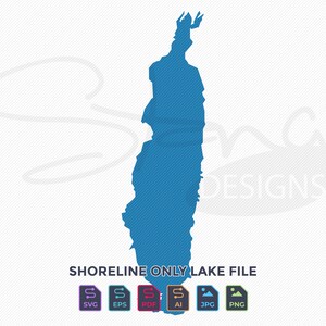 May include: A blue shoreline outline of a lake against a white background. The text "SHORELINE ONLY LAKE FILE" is below the lake outline, with file type icons below the text. The image has a diagonal striped pattern.