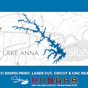Lake Anna VA 19x11 Topografische kaart | Print Ready Wanddecoratie | Meerdere lagen | svg pdf ai eps png jpg g-code | Glowforge Laser