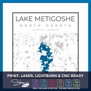 Lake Metigoshe ND Topografische Kaart | Print Ready Wanddecoratie | Meerdere lagen | svg pdf ai eps png jpg