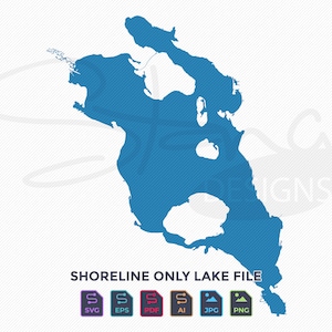 May include: A blue shoreline lake file graphic with diagonal lines, featuring the text "SHORELINE ONLY LAKE FILE" and icons for SVG, EPS, PDF, AI, JPG, and PNG file formats. The design is on a white background.