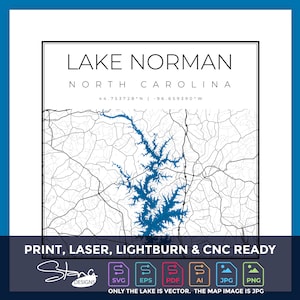 Lake Norman NC Topografische Kaart | Print Ready Wanddecoratie | Meerdere lagen | svg pdf ai eps png jpg g-code