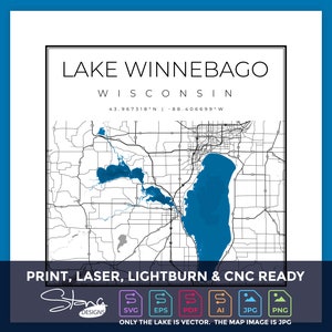 Lake Winnebago WI Chain of Lakes Topografische kaart | Print Ready Wanddecoratie | Meerdere lagen | svg pdf ai eps png jpg