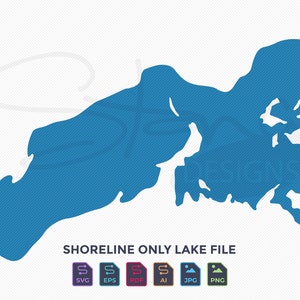 May include: A blue silhouette of a lake with a shoreline. The text "SHORELINE ONLY LAKE FILE" is below the image.  Below the text are icons for SVG, EPS, PDF, AI, JPG, and PNG file formats.
