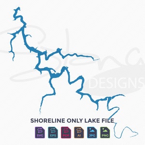 May include: A blue shoreline outline of a lake, with intricate details and a jagged edge. The text "SHORELINE ONLY LAKE FILE" is below the image, along with file type icons for SVG, EPS, PDF, AI, JPG, and PNG.