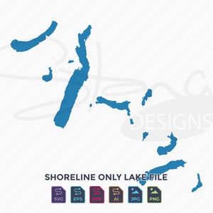 May include: Blue shoreline lake file graphic with the text "SHORELINE ONLY LAKE FILE". Includes SVG, EPS, PDF, AI, JPG, and PNG file type icons. The design is on a white background with a subtle diagonal striped pattern.