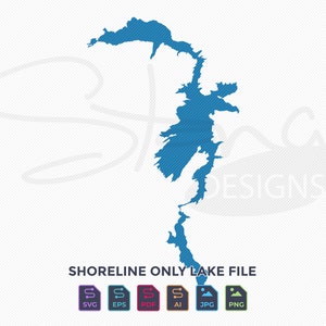May include: A blue shoreline lake file design with the text "SHORELINE ONLY LAKE FILE". The image includes icons for SVG, EPS, PDF, AI, JPG, and PNG file formats. The lake outline is a solid blue color.