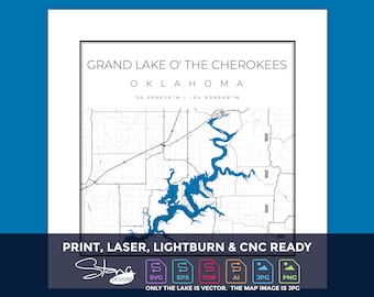 Grand Lake O the Cherokees OK Topographical Map | Print Ready Wall Decor | Multiple Layers | svg pdf ai eps png jpg g-code