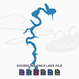 May include: A blue shoreline lake file graphic on a white background. The text "SHORELINE ONLY LAKE FILE" is below the lake graphic. File type icons for SVG, EPS, PDF, AI, JPG, and PNG are also included.