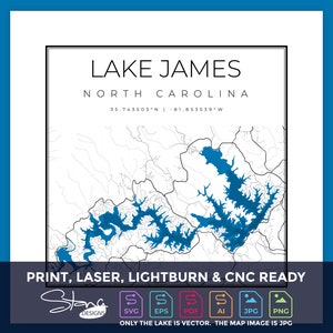 Lake James NC Topografische Kaart | Print Ready Wanddecoratie | Meerdere lagen | svg pdf ai eps png jpg g-code