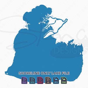 May include: A blue outline of a lake, with the text "SHORELINE ONLY LAKE FILE" below.  The image shows file formats available for download: SVG, EPS, PDF, AI, JPG, and PNG.