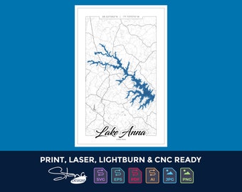 Lake Anna VA 24x16 Topographical Map | Print Ready Wall Decor | Multiple Layers | svg pdf ai eps png jpg g-code | Glowforge Laser