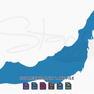 May include: A blue shoreline lake file graphic with the text "SHORELINE ONLY LAKE FILE". The image includes SVG, EPS, PDF, AI, JPG, and PNG file type icons. The lake shape is a solid blue color against a white background.
