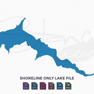 Puede incluir: Un gráfico de archivo de lago de línea de costa azul con el texto "SHORELINE ONLY LAKE FILE". La imagen incluye iconos de tipo de archivo para los formatos SVG, EPS, PDF, AI, JPG y PNG. El gráfico del lago es de color azul sólido.