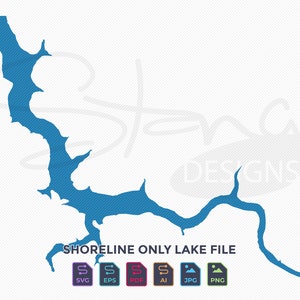 May include: A blue shoreline lake file graphic on a white background. The image includes the text "SHORELINE ONLY LAKE FILE" and icons for SVG, EPS, PDF, AI, JPG, and PNG file formats. The lake outline is detailed and has a textured appearance.