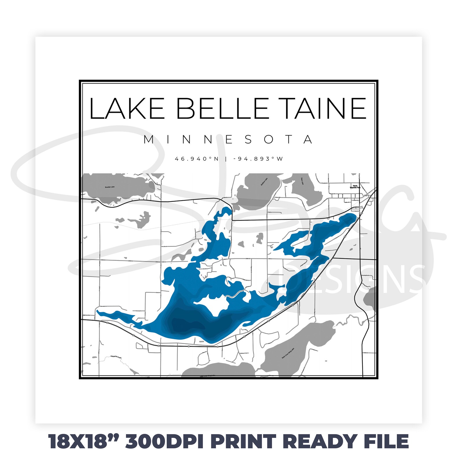 Lake Belle Taine MN Topographical Map Print Ready Wall Decor Etsy