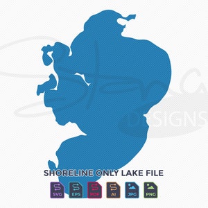 Puede incluir: Una silueta azul de un lago con una línea de costa, etiquetada como "Shoreline Only Lake File". La imagen incluye iconos para los formatos de archivo SVG, EPS, PDF, AI, JPG y PNG.