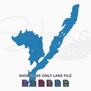 May include: Shoreline outline of a lake in blue, with the text "Shoreline Only Lake File" and icons for SVG, EPS, PDF, AI, JPG, and PNG file formats.