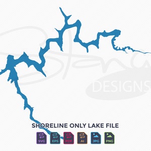 May include: Shoreline Only Lake File digital download in SVG, EPS, PDF, AI, JPG, and PNG formats. The image shows a blue outline of a lake with a winding shoreline.