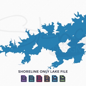 May include: A blue lake shoreline graphic with diagonal lines, labeled "SHORELINE ONLY LAKE FILE." Includes SVG, EPS, PDF, AI, JPG, and PNG file type icons. The graphic is set against a white background.