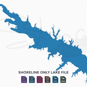 May include: A blue lake shoreline graphic with diagonal lines, labelled "SHORELINE ONLY LAKE FILE." Below the text are icons for SVG, EPS, PDF, AI, JPG, and PNG file formats. The graphic is set against a white background.