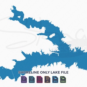 May include: A blue outline of a lake with the text "SHORELINE ONLY LAKE FILE" below.  The text "SVG", "EPS", "PDF", "AI", "JPG", and "PNG" are below the text "SHORELINE ONLY LAKE FILE" in colored boxes.