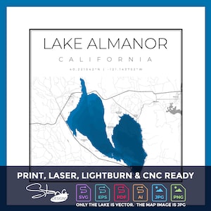 Mapa topográfico del lago Almanor, California / Decoración de pared lista para imprimir / Varias capas / svg pdf ai eps png jpg