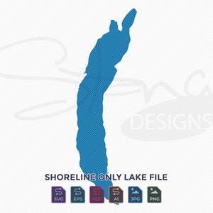 Puede incluir: Gráfico azul de la línea de costa sobre un fondo blanco. El texto "SHORELINE ONLY LAKE FILE" está debajo, con iconos de tipo de archivo para SVG, EPS, PDF, AI, JPG y PNG.