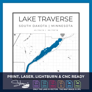 Lake Traverse SD MN Topografische kaart | Print Ready Wanddecoratie | Meerdere lagen | svg pdf ai eps png jpg