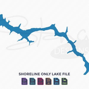 May include: A blue shoreline lake file graphic with the text "SHORELINE ONLY LAKE FILE". The image includes SVG, EPS, PDF, AI, JPG, and PNG file type icons. The lake graphic is a detailed outline.