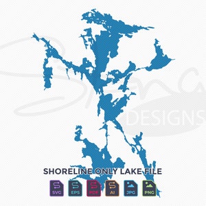Puede incluir: Un contorno azul de un lago con muchas entradas y calas. La imagen está etiquetada como "Shoreline Only Lake File" e incluye iconos de formato de archivo para SVG, EPS, PDF, AI, JPG y PNG.