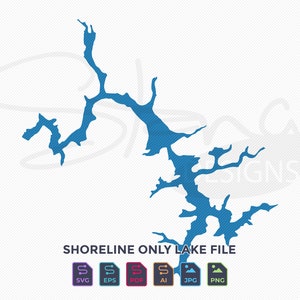 Op de afbeelding: Een blauwe silhouet van een meer met een grillige kustlijn. De tekst "SHORELINE ONLY LAKE FILE" staat onder de afbeelding.  Onder de tekst staan ​​pictogrammen voor de bestandsindelingen SVG, EPS, PDF, AI, JPG en PNG.
