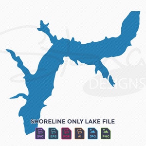 May include: Shoreline only lake file in SVG, EPS, PDF, AI, JPG, and PNG formats. The image shows a blue outline of a lake.
