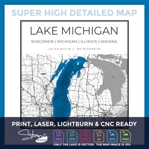 Lake Michigan SUPER HIGH DETAIL Topografische Kaart | Print Ready Wanddecoratie | 5 lagen | svg pdf ai eps png jpg g-code