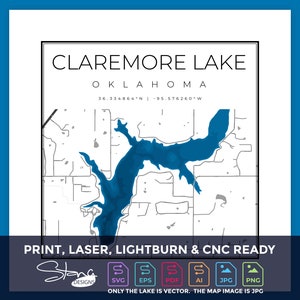 Claremore Lake, OK Topografische kaart | Print Ready Wanddecoratie | Meerdere lagen | svg pdf ai eps png jpg g-code