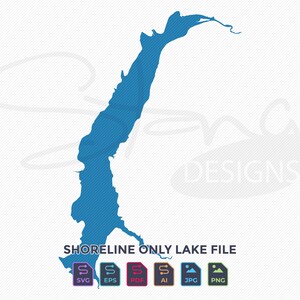 May include: A blue shoreline lake file graphic on a white background. The text "SHORELINE ONLY LAKE FILE" is below the lake graphic. Icons for SVG, EPS, PDF, AI, JPG, and PNG file types are also included.
