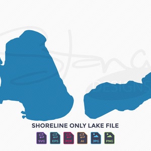 Könnte beinhalten: Digitale Illustration von zwei blauen Seeufer-Umrissen vor weißem Hintergrund. Der Text "SHORELINE ONLY LAKE FILE" befindet sich darunter, mit Dateityp-Symbolen für SVG, EPS, PDF, AI, JPG und PNG.