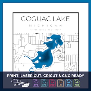Goguac Lake MI Topografische kaart | Print Ready Wanddecoratie | Meerdere lagen | svg pdf ai eps png jpg g-code | Cricut Glowforge