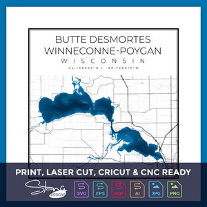Butte desMortes-Winneconne-Poygan WI Topografische kaart | Print Ready Wanddecoratie | Meerdere lagen | svg pdf ai eps png jpg g-code