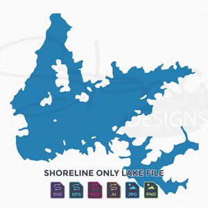 May include: A blue shoreline map with diagonal lines, labeled "SHORELINE ONLY LAKE FILE." Below are file type icons: SVG, EPS, PDF, AI, JPG, and PNG. The map is set against a white background.