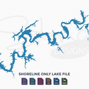 May include: A blue shoreline lake file design on a white background. The image includes the text "SHORELINE ONLY LAKE FILE" and icons for SVG, EPS, PDF, AI, JPG, and PNG file formats.
