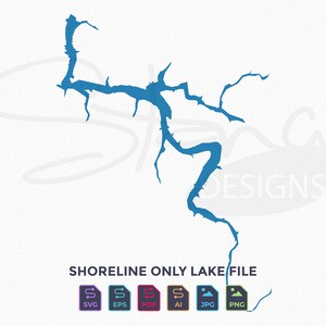 May include: A blue shoreline lake file graphic on a white background. The text "SHORELINE ONLY LAKE FILE" is below the graphic, with file type icons: SVG, EPS, PDF, AI, JPG, and PNG.