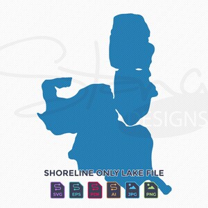 May include: A blue outline of a lake, with the text "SHORELINE ONLY LAKE FILE" below.  The file is available in SVG, EPS, PDF, AI, JPG, and PNG formats.