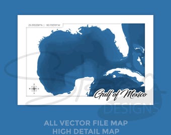 Mappa topografica del Golfo del Messico ad alto dettaglio 24x16 / Livelli multipli / svg pdf ai eps png jpg g-code