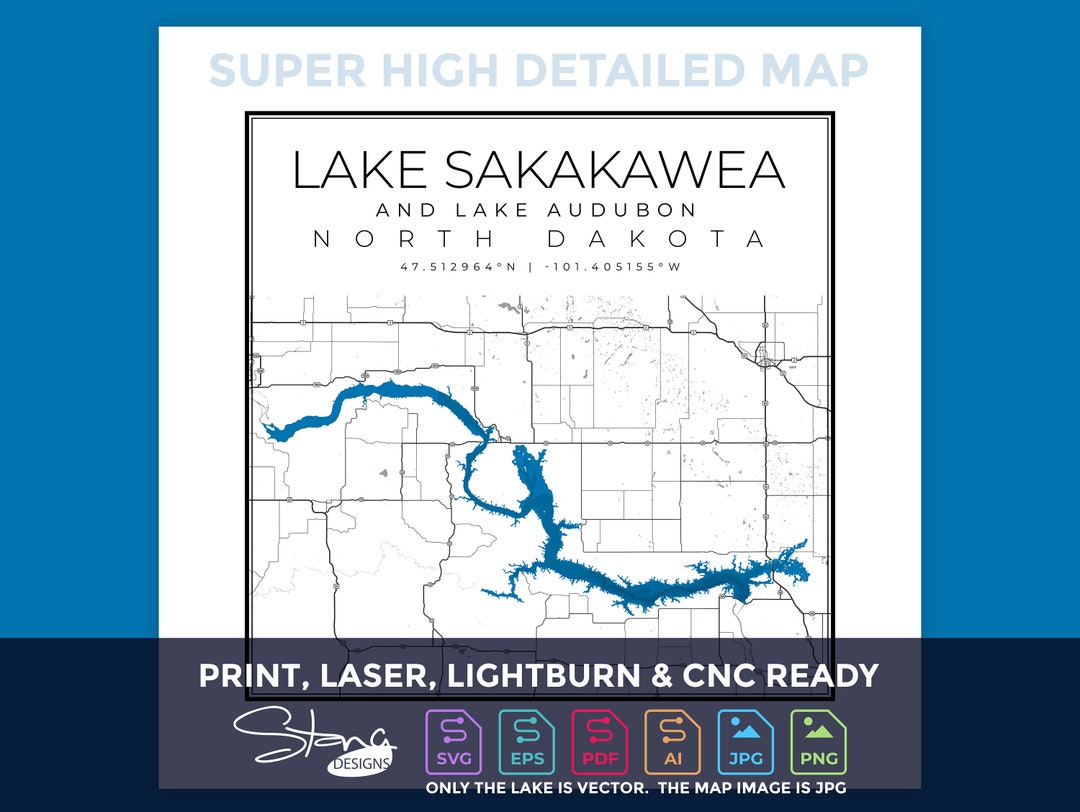 Lake Sakakawea ND Topographical Map Print Ready Wall Decor Multiple