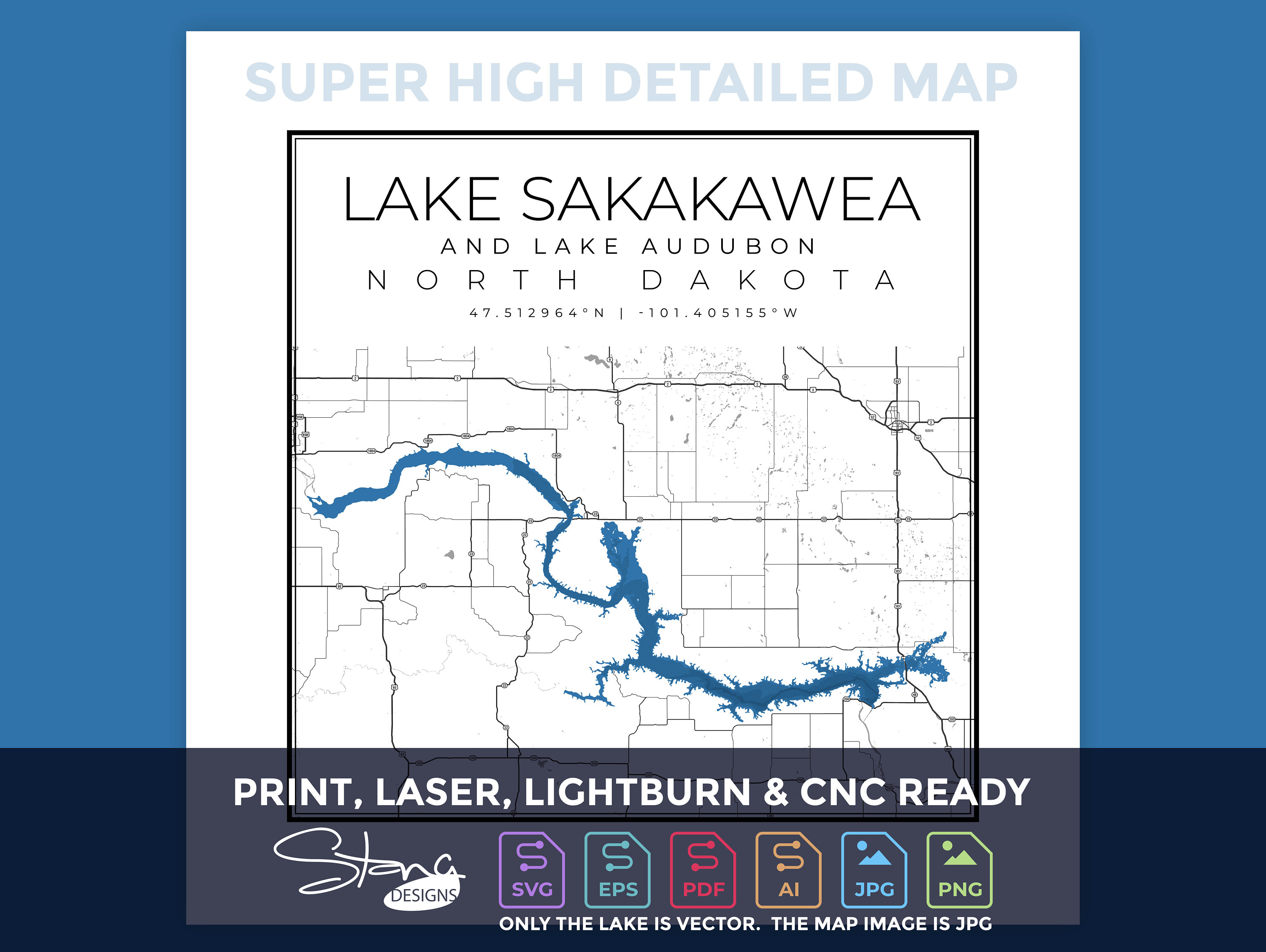 Lake Sakakawea ND Topographical Map | Print Ready Wall Decor | Multiple Layers | svg pdf ai eps png jpg