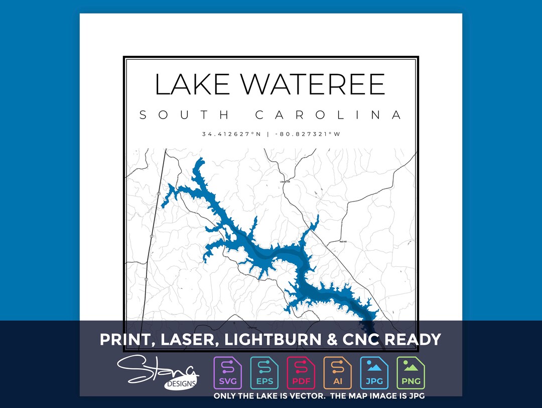 Lake Wateree SC Topographical Map Print Ready Wall Decor Multiple