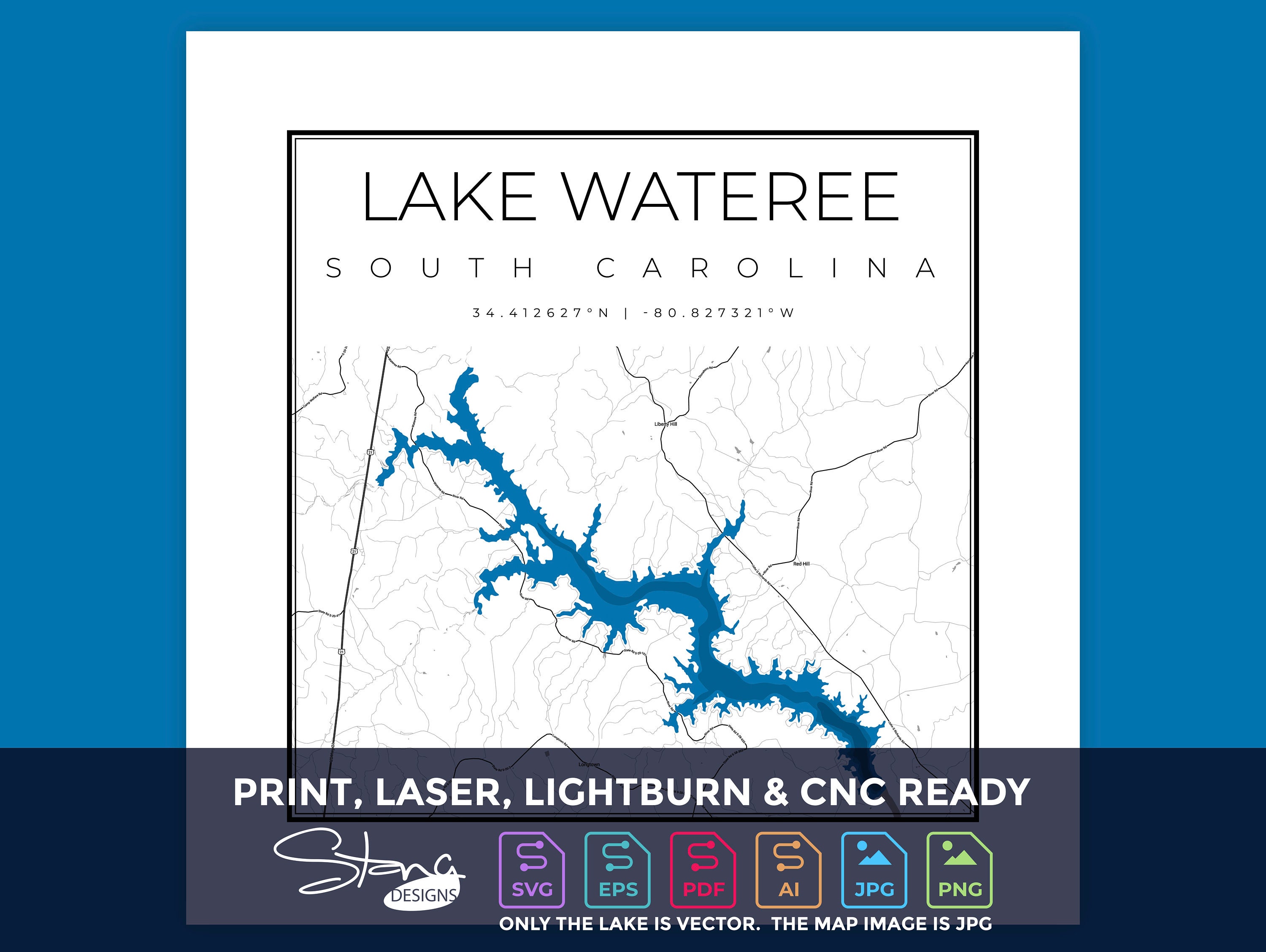 Lake Wateree SC Topographical Map Print Ready Wall Decor Multiple