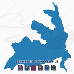 May include: A blue outline of a lake, with the text "SHORELINE ONLY LAKE FILE" below.  The image includes icons for SVG, EPS, PDF, AI, JPG, and PNG file formats.